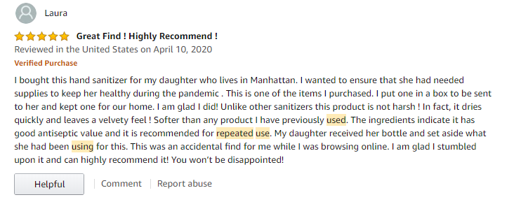 Amazon customer comment about Hand Sanitizer