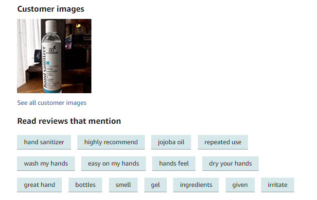 Amazon customer review with tags about Hand Sanitizer