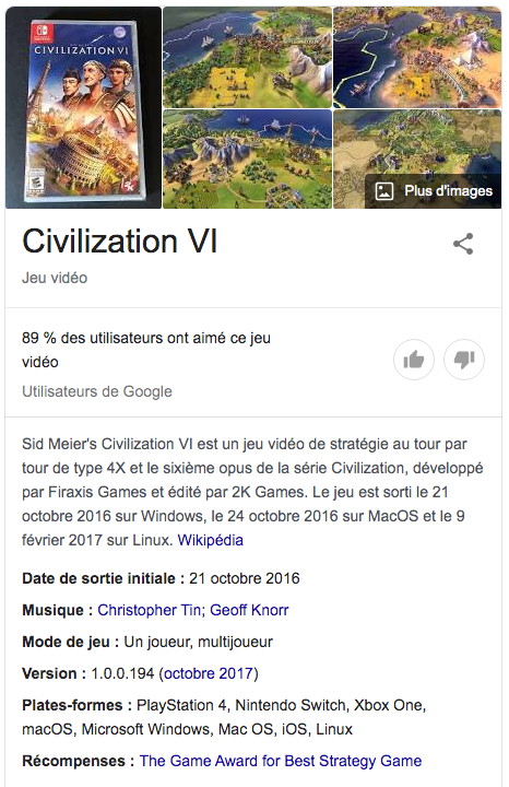 Google snipped for the video game Civilization 6